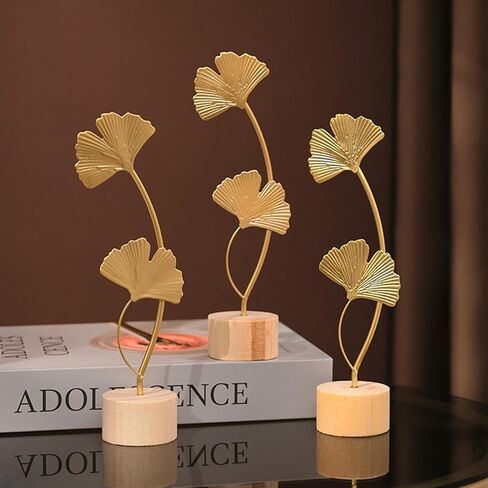 Gold Leaf Home Decor Set – Metal Leaf Tabletop Ornament with Wood Base, 3 Designs (Monstera, Ginkgo, Feather) for Desk, Shelf, Living Room in Saudi Arabia