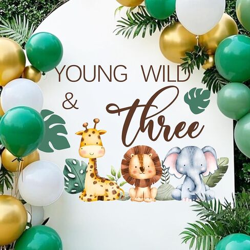 لافتة شارات Young Wild & Three، ديكورات حفلات برية وثلاثية، ديكورات عيد ميلاد سعيد الثالث، موضوع حيوانات الغابة، لوازم حفلات عيد الميلاد بعمر 3 سنوات باللون البني in Kuwait