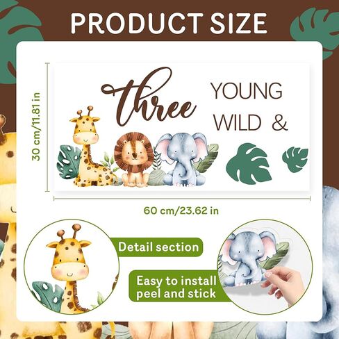 لافتة شارات Young Wild & Three، ديكورات حفلات برية وثلاثية، ديكورات عيد ميلاد سعيد الثالث، موضوع حيوانات الغابة، لوازم حفلات عيد الميلاد بعمر 3 سنوات باللون البني in Kuwait