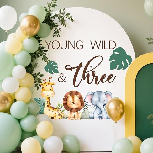 لافتة شارات Young Wild & Three، ديكورات حفلات برية وثلاثية، ديكورات عيد ميلاد سعيد الثالث، موضوع حيوانات الغابة، لوازم حفلات عيد الميلاد بعمر 3 سنوات باللون البني in Kuwait