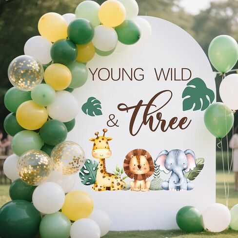 لافتة شارات Young Wild & Three، ديكورات حفلات برية وثلاثية، ديكورات عيد ميلاد سعيد الثالث، موضوع حيوانات الغابة، لوازم حفلات عيد الميلاد بعمر 3 سنوات باللون البني in Kuwait