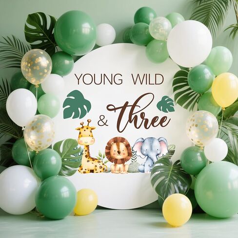 لافتة شارات Young Wild & Three، ديكورات حفلات برية وثلاثية، ديكورات عيد ميلاد سعيد الثالث، موضوع حيوانات الغابة، لوازم حفلات عيد الميلاد بعمر 3 سنوات باللون البني in Kuwait