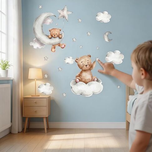 Set of 2 Cute Bear Moon and Stars Wall Stickers 45x30CM PVC Cartoon Wall Decals Home Interior Wall Art Decoration for Kids Room Baby Room Nursery in Saudi Arabia