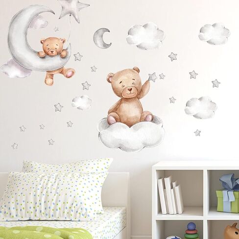 Set of 2 Cute Bear Moon and Stars Wall Stickers 45x30CM PVC Cartoon Wall Decals Home Interior Wall Art Decoration for Kids Room Baby Room Nursery in Saudi Arabia