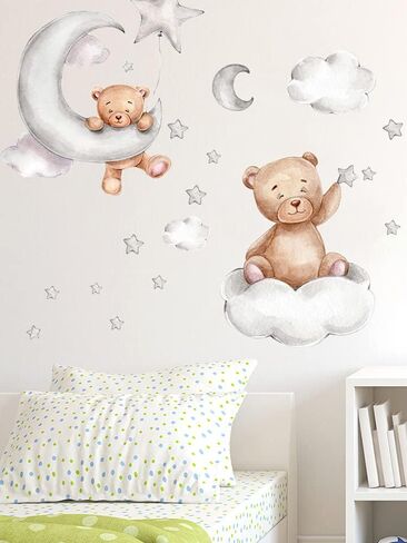 Set of 2 Cute Bear Moon and Stars Wall Stickers 45x30CM PVC Cartoon Wall Decals Home Interior Wall Art Decoration for Kids Room Baby Room Nursery in Saudi Arabia