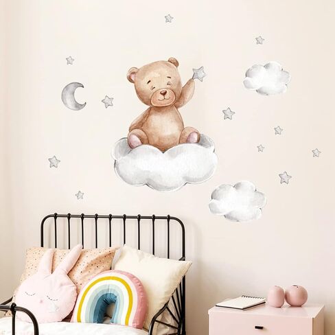 Set of 2 Cute Bear Moon and Stars Wall Stickers 45x30CM PVC Cartoon Wall Decals Home Interior Wall Art Decoration for Kids Room Baby Room Nursery in Saudi Arabia