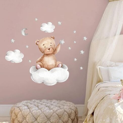 Set of 2 Cute Bear Moon and Stars Wall Stickers 45x30CM PVC Cartoon Wall Decals Home Interior Wall Art Decoration for Kids Room Baby Room Nursery in Saudi Arabia