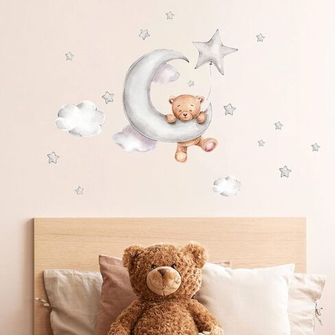 Set of 2 Cute Bear Moon and Stars Wall Stickers 45x30CM PVC Cartoon Wall Decals Home Interior Wall Art Decoration for Kids Room Baby Room Nursery in Saudi Arabia