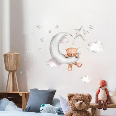 Set of 2 Cute Bear Moon and Stars Wall Stickers 45x30CM PVC Cartoon Wall Decals Home Interior Wall Art Decoration for Kids Room Baby Room Nursery in Saudi Arabia