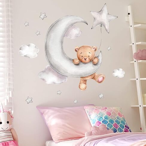 Set of 2 Cute Bear Moon and Stars Wall Stickers 45x30CM PVC Cartoon Wall Decals Home Interior Wall Art Decoration for Kids Room Baby Room Nursery in Saudi Arabia