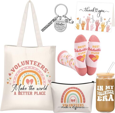 Hushee 6 Pcs Volunteer Appreciation Gifts Set for Women Include 16 oz Glass Jar Tumbler Canvas Tote Bag Cosmetic Bag Novelty Sock Keychain Greeting Card Thank You Gift for Volunteer Appreciation Month in Saudi Arabia