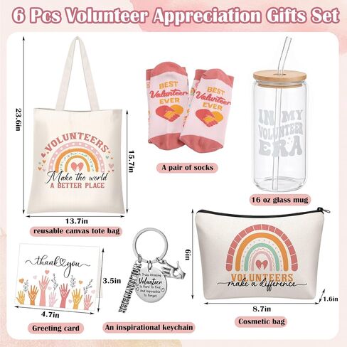 Hushee 6 Pcs Volunteer Appreciation Gifts Set for Women Include 16 oz Glass Jar Tumbler Canvas Tote Bag Cosmetic Bag Novelty Sock Keychain Greeting Card Thank You Gift for Volunteer Appreciation Month in Saudi Arabia