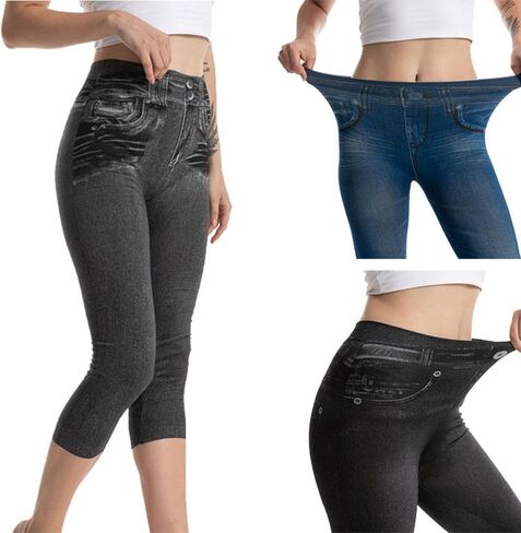 Womens Faux Denim Capri Pants Leggings High Waisted Yoga Pants Hip-Lifting Slim Fit Short Tights Stretch Faux Jeans in Saudi Arabia