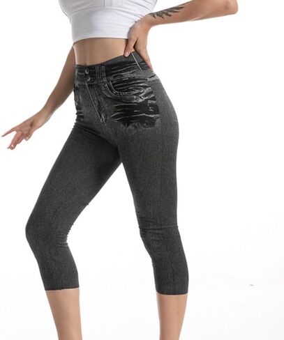 Womens Faux Denim Capri Pants Leggings High Waisted Yoga Pants Hip-Lifting Slim Fit Short Tights Stretch Faux Jeans in Saudi Arabia