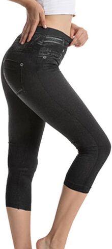 Womens Faux Denim Capri Pants Leggings High Waisted Yoga Pants Hip-Lifting Slim Fit Short Tights Stretch Faux Jeans in Saudi Arabia
