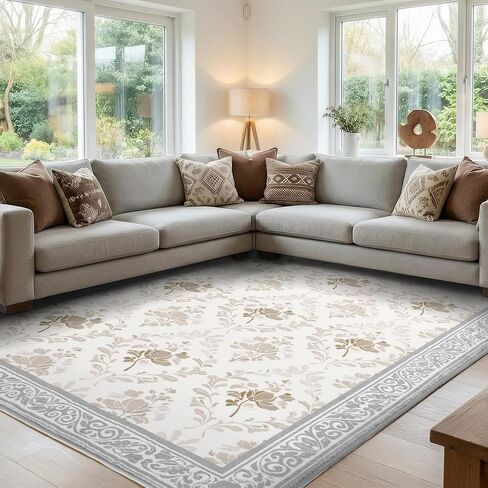 SOULFUL Medium Pile 3x5 Area Rug - Soft Underfoot Small Entryway Rug - Greige Boho Floral - Washable Non-Slip - Perfect for Living Room Bedroom Foot Kids Room Reading Nook in Saudi Arabia