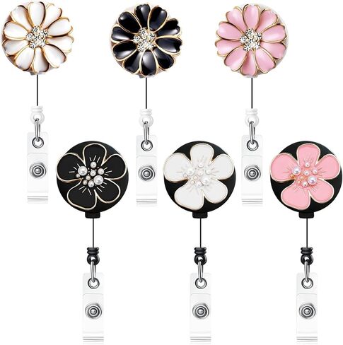 6 قطع من حاملات شارات الهوية مع كاميليا، بكرة شارة لطيفة سلك قابل للسحب مقاس 25 بوصة مع مشبك تمساح، حامل شارة ممرضة مشبك قابل للسحب مع حجر الراين اللؤلؤي اللامع in Kuwait