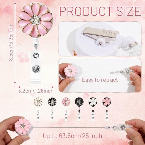 6 قطع من حاملات شارات الهوية مع كاميليا، بكرة شارة لطيفة سلك قابل للسحب مقاس 25 بوصة مع مشبك تمساح، حامل شارة ممرضة مشبك قابل للسحب مع حجر الراين اللؤلؤي اللامع in Kuwait