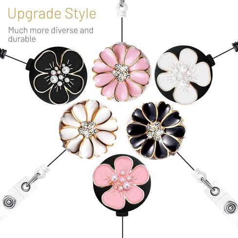 6 قطع من حاملات شارات الهوية مع كاميليا، بكرة شارة لطيفة سلك قابل للسحب مقاس 25 بوصة مع مشبك تمساح، حامل شارة ممرضة مشبك قابل للسحب مع حجر الراين اللؤلؤي اللامع in Kuwait