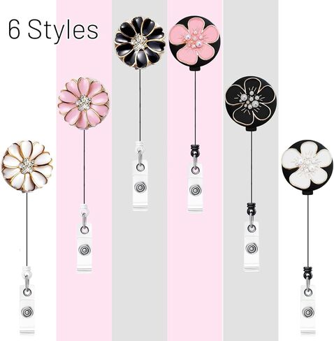 6 قطع من حاملات شارات الهوية مع كاميليا، بكرة شارة لطيفة سلك قابل للسحب مقاس 25 بوصة مع مشبك تمساح، حامل شارة ممرضة مشبك قابل للسحب مع حجر الراين اللؤلؤي اللامع in Kuwait