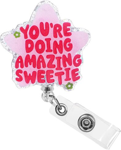 Your Doing Amazing Sweetie Badge Reel, Nurse Badge Reel, Pink Retractable ID Card Holder Clip for Nurses Social Workers (Star Shape) in Kuwait