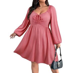 فساتين AlvaQ النسائية بمقاسات كبيرة لخريف 2025 بأكمام طويلة وربطة أمامية مكشكشة على شكل قلب فستان على شكل حرف A (L-4X) in Kuwait