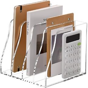 SANRUI Acrylic Desk File Organizer, 4 Vertical Compartments Clear Magazine File Holder Workspace Sorters, Folder Rack for Office Accessories Organization Storage in Kuwait