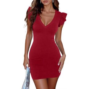 BONITEE فساتين قصيرة مثيرة للنساء برقبة على شكل V عميقة 2026 فستان صيفي بأكمام مكشكشة فساتين قصيرة للحفلات غير رسمية بدون أكمام in Kuwait