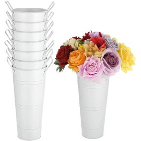 8 Pcs White Flower Buckets, Galvanized Metal Flower Vases, Rustic Farmhouse Floral Buckets with Handles, French Country Decor Containers for Wedding Centerpieces in Kuwait