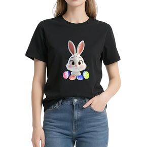 Women's Easter Shirts: Bunny Eggs Pattern Casual Round Neck Short Sleeve T-Shirt in Saudi Arabia