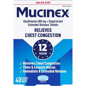 احتقان الصدر، أقراص Mucinex ممتدة المفعول لمدة 12 ساعة، 40 قيراط، 600 مجم جوايفينيسين يخفف احتقان الصدر الناجم عن المخاط الزائد، رقم 1 يوصي به الطبيب مقشع بدون وصفة طبية in Kuwait