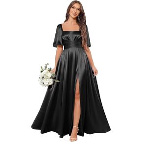 Fu Jiang Square Neck Satin Bridesmaid Dresses with Slit Sleeves Long Formal Evening Dress for Women with Pockets in Saudi Arabia