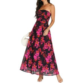 Summer Floral Wedding Guest Maxi Dress for Women Strapless Tube Long Dresses Mesh Flowy Vacation Cocktail Dresses in Kuwait