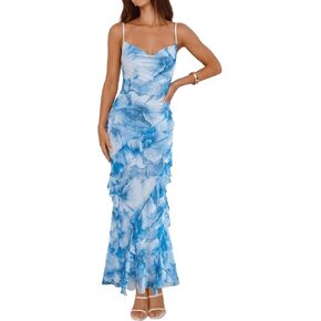 SKAYS Women's Ruffle Bodycon Maxi Long Dress Spaghetti Strap Cowl Neck Cocktail Summer Beach Wedding Guest Dress in Saudi Arabia