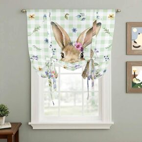 Bunny Easter Tie Up Curtains for Window, Green Plaid Spring Floral Pastoral Thermal Insulated Balloon Shade Adjustable Rod Pocket Curtains Valance Panels for Kitchen Bathroom Café 52'' x 63'' in Saudi Arabia
