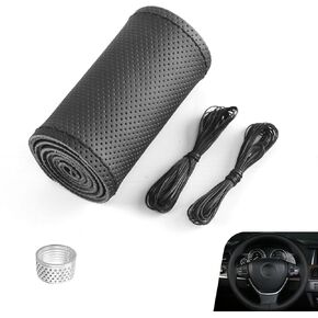 غطاء عجلة قيادة السيارة، واقي أصلي مضاد للانزلاق مخيط يدويًا بإبرة وخيط، غطاء توجيه مريح ومثقوب قابل للتنفس، تصميم داخلي عالمي أنيق للسيارة (أسود) in Kuwait