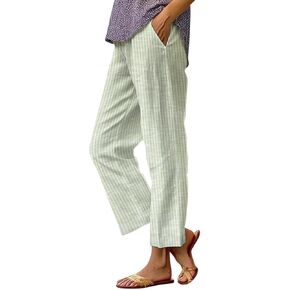 سراويل نسائية من الكتان بخصر مطاطي وساق مستقيمة وبنطلون شاطئ صغير للصيف غير رسمي in Kuwait