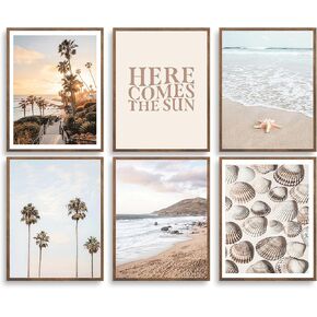 6Pcs Boho Coastal Wall Art Beach Palm Tree Seashell Posters Prints with “Here Comes the Sun" Neutral Ocean Themed Pictures Wall Decor for Bedroom Dorm Apartment Home Decoration 8''x10'' Unframed in Saudi Arabia