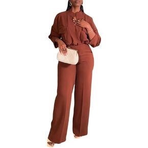 Dressy Casual 2 Piece Outfits for Curvy Women Plus Size Fashion Elegant Long Sleeve V-neck Shirt and Wide Leg Pant Set in Kuwait