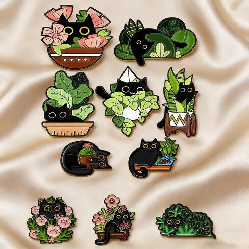 10Pcs Cartoon Black Cat and Plant Enamel Pins Set Cute Brooch Badges Lapel Pins Decorative Pins for Backpacks Clothing Collection Decorative Accessories in Saudi Arabia