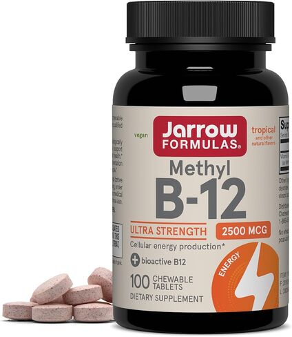 Jarrow Formulas Ultra Strength Methyl B-12 2500mcg, Dietary Supplement for Cellular Energy Production and Brain Health Support, 100 Tropical-Flavored Chewable Tablets, 100 Day Supply in Kuwait