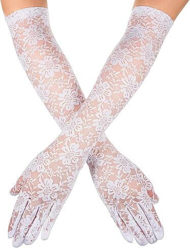 Long White Lace Gloves Women, Elegant Print Floral Sheer White Mittens Gloves, 19 in Elbow Length Lace Bridal Gloves for Wedding, Tea Party, 1920s Flapper Cosplay, Dress Cocktail Opera Parties in Kuwait