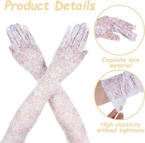 Long White Lace Gloves Women, Elegant Print Floral Sheer White Mittens Gloves, 19 in Elbow Length Lace Bridal Gloves for Wedding, Tea Party, 1920s Flapper Cosplay, Dress Cocktail Opera Parties in Kuwait