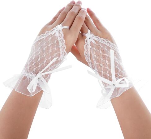 Yolev Lace Fingerless Gloves Short Bow Rhinestone Gloves Tea Party Wedding White Mesh Glove for Bridal Elegant Banquet Halloween Wedding Prom Cosplay Funeral Masquerade Glove Women in Saudi Arabia