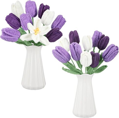 Shihanee 10 Pcs Tulip Crochet Flowers Bouquet Handmade Knitted Flower Decor Birthday Gifts for Mom Mother's Day Women Easter Spring Home Vase Centerpiece, 13.7"(Pink, White) in Saudi Arabia
