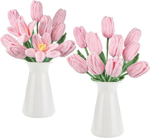 Shihanee 10 Pcs Tulip Crochet Flowers Bouquet Handmade Knitted Flower Decor Birthday Gifts for Mom Mother's Day Women Easter Spring Home Vase Centerpiece, 13.7"(Pink, White) in Saudi Arabia