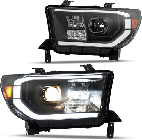 Pair Projector Headlight Compatible with 2007-2017 Toyota Tundra Sequoia w/C Shape LED Tube Bar Headlamp Assembly Clear Lens+Black Housing Replacement for TO2503171 TO2502171 LH&RH in Kuwait