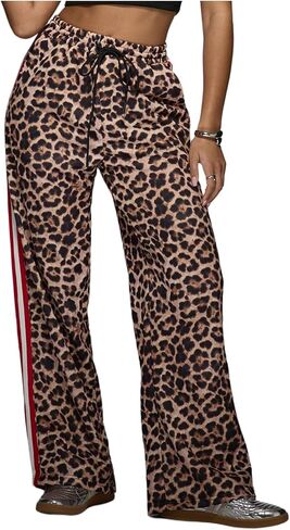 Wdirara Women's Y2K Leopard Print Pants Tie Bride Wide Leg Pants in Kuwait