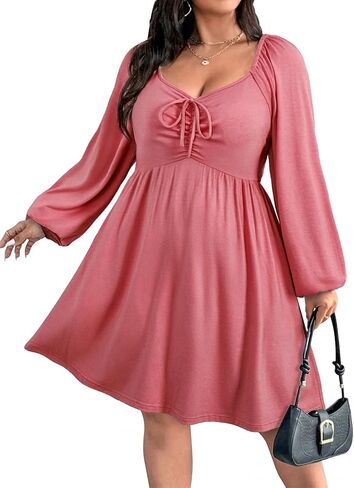 فساتين AlvaQ النسائية بمقاسات كبيرة لخريف 2025 بأكمام طويلة وربطة أمامية مكشكشة على شكل قلب فستان على شكل حرف A (L-4X) in Kuwait