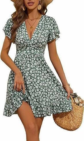 Women's Sexy V-Neck Floral Print Short-Sleeve Dress for Women Short A-Line Skirt with Ruffled Hem in Saudi Arabia